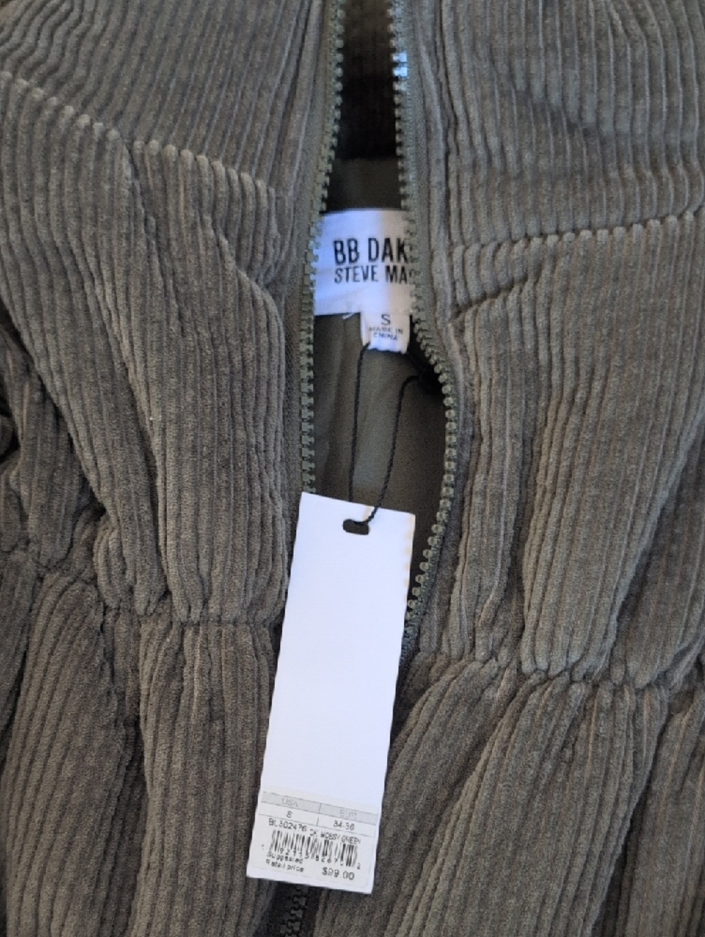 BB Dakota Olive Green Corduroy Puffer Jacket Women - Picture 2 of 3